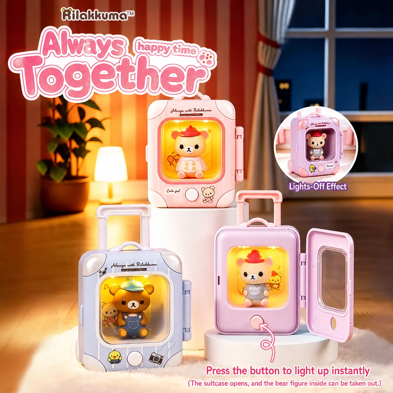 Rilakkuma Cozy Travel Buddy Blind Box Charms Light-Up Suitcase Ornaments With Removable Bear Figure Cute Illuminated Decor Perfect Surprise Collectible Gift For Rilakkuma Fans And Girls