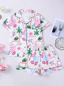 Women's 2-Piece Tropical Print Pajama Set Pyjamas, Short Sleeve Button-Down Top & Elastic Waist Shorts, Avocado & Coconut Tree Print, Soft Comfortable Loungewear for All Seasons Pajama Loungewear Pjs Elastic Waist Pajamas