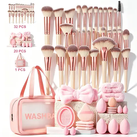 53PCS Makeup Tools Set,Waterproof Zipper Cosmetic Bag,32 Makeup Brushes,4 Sponges,4 Mini Sponges,4 Triangle Puffs,4 Mini Air Cushion Puffs,1 Hairband,2 Hand Bowl Straps,1 Brush Cleaning Tool, Flawless, Smooth, Travel Makeup Bag, Compact, Makeup Accessorie