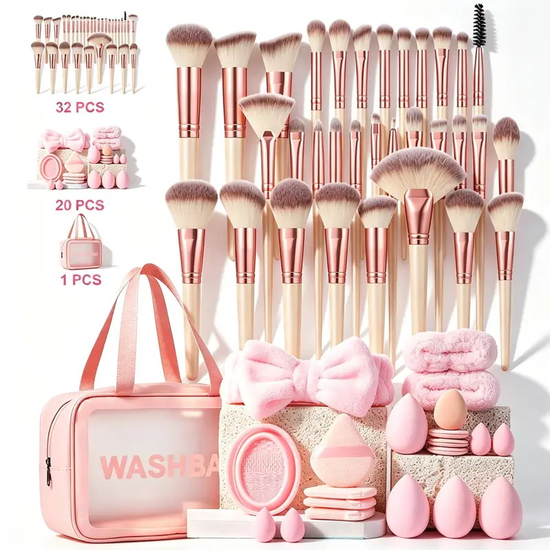 53PCS Makeup Tools Set,Waterproof Zipper Cosmetic Bag,32 Makeup Brushes,4 Sponges,4 Mini Sponges,4 Triangle Puffs,4 Mini Air Cushion Puffs,1 Hairband,2 Hand Bowl Straps,1 Brush Cleaning Tool, Flawless, Smooth, Travel Makeup Bag, Compact, Makeup Accessorie