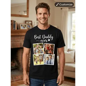 Custom Photo Mens T-Shirt Personalized Fathers Day Gift Short Sleeve Cotton Crew Neck Tees DIY Picture Text Graphic Print Clothes Birthday Present Dads Husband Casual Summer Tops Family Memory Keepsak