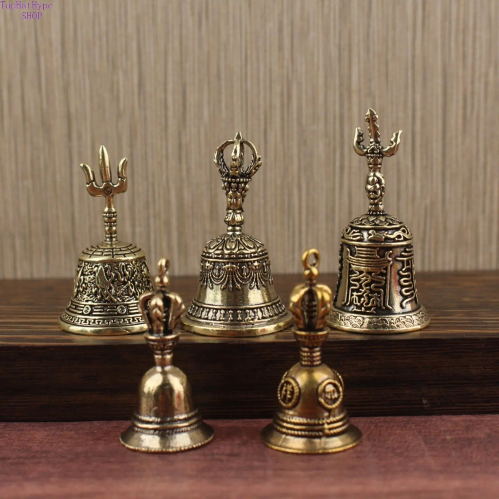 Vintage Solid Brass Hand Bell with Bagua, Trident Designs - Religious Desktop Home Decoration, Feng Shui Meditation Altar Ornament (Costume Jewelry Accessory), Table Ornament