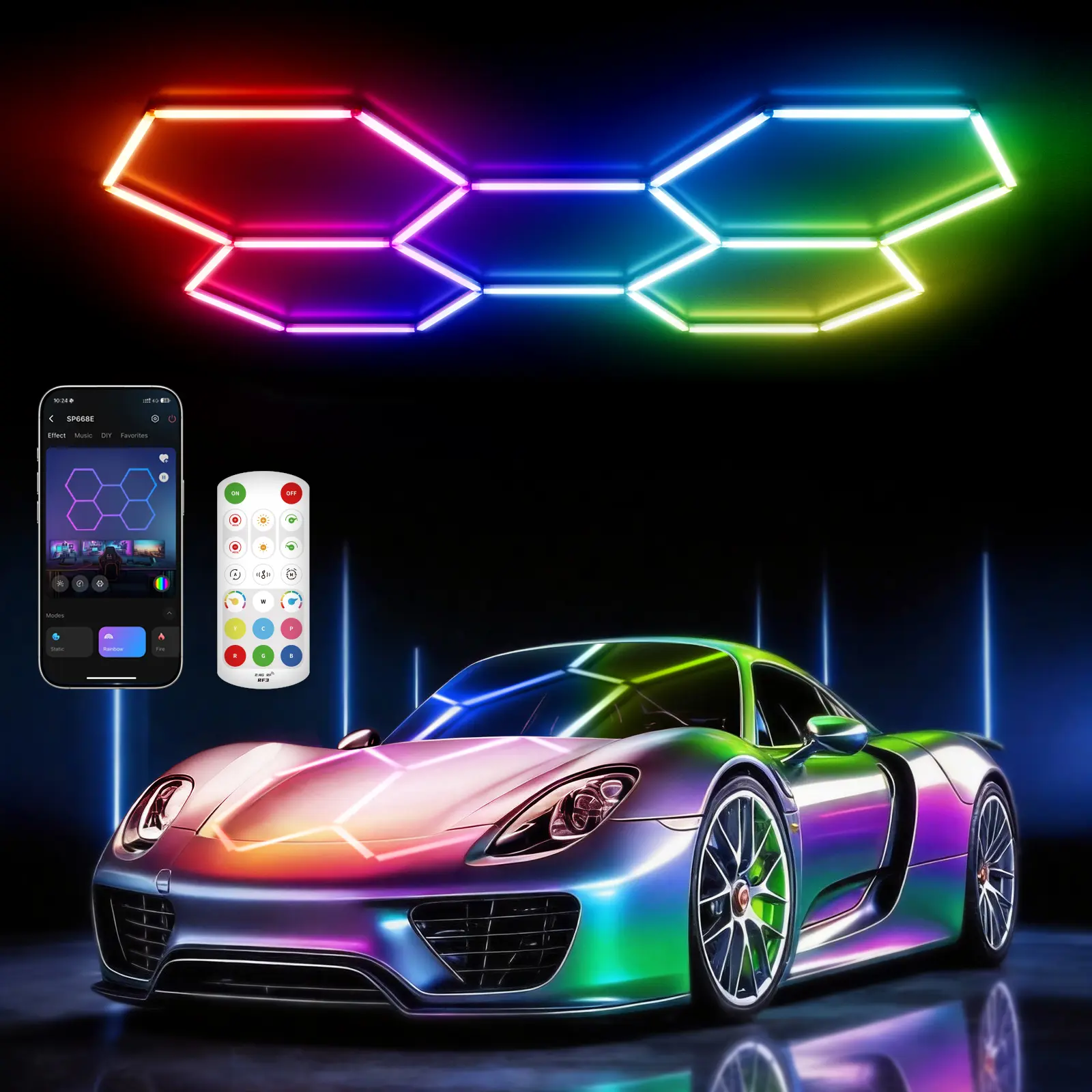 HYPERLITE RGB Hexagonal Honeycomb Light, Modular Garage Light System, Smart LED Hexagon Garage Lights for Ceiling or Wall, DIY Color Lighting Panels with Music Sync, Remote Control, Decorative Honeycomb Light Garage, Gaming Room,Dealsforyoudays