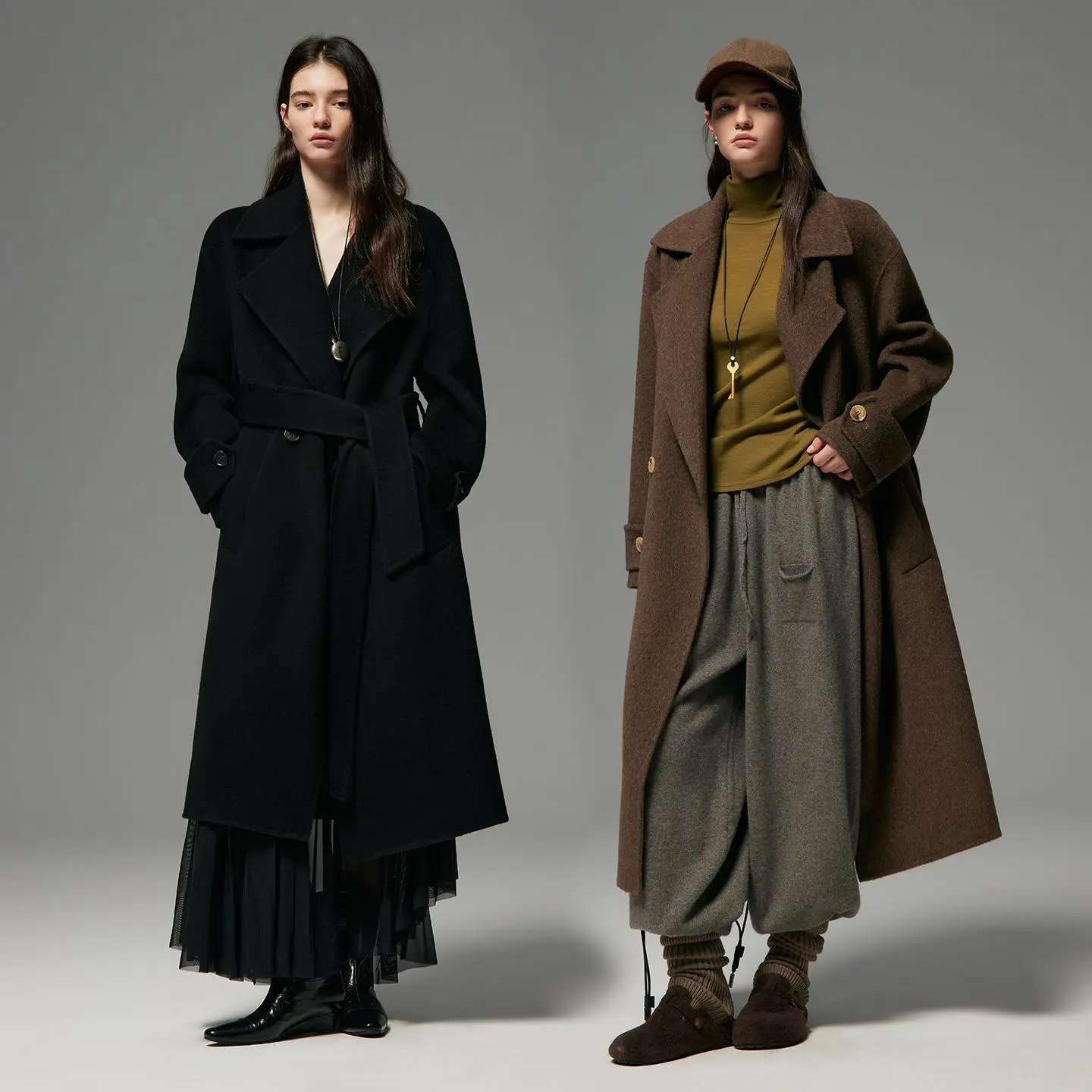 Women's Luxury Custom Merino Wool Midi Wrap Mac - Long Sleeve, Collared, Wide Lapel, Belt Closure, Solid Plain Feminine Smart Coat for Work & Occasions, Tops, Womenswear, Jackets