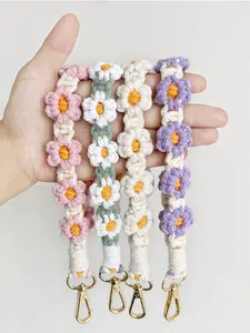 Handmade Crochet Bohemian Style Daisy Wristband, Key Chain Strap, Keychain Wristlet Strap, Water Bottle Handle Rope, Ideal Gift for Friends and Lovers