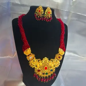 Elegant Gold Tone Navratna Pendant in Hydro Potey Necklace with Matching Earrings Set for Special Occasions