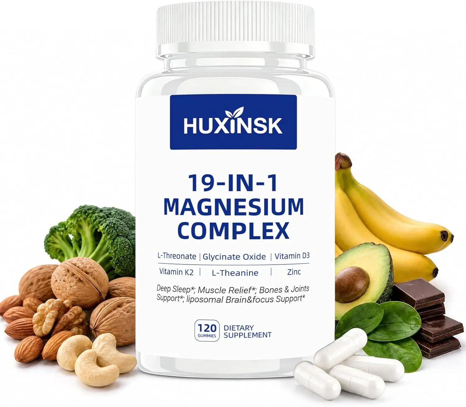 Magnesium Complex 1000mg Supplement - 120 Unflavored Capsules, 3-Form Blend (Magnesium Glycinate, L-Threonate, Malate), Ashwagandha, L-Theanine, Vitamins, Minerals, Contains Zinc, Supports Energy