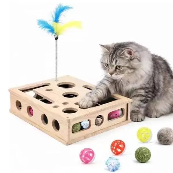Wooden Cat Scratch Enrichment Box - Interactive Toy for Cats, Cognitive Skill Enhancer, Stress Reducer, Physical Fitness Promoter, Nail Filing Entertainment Accessory