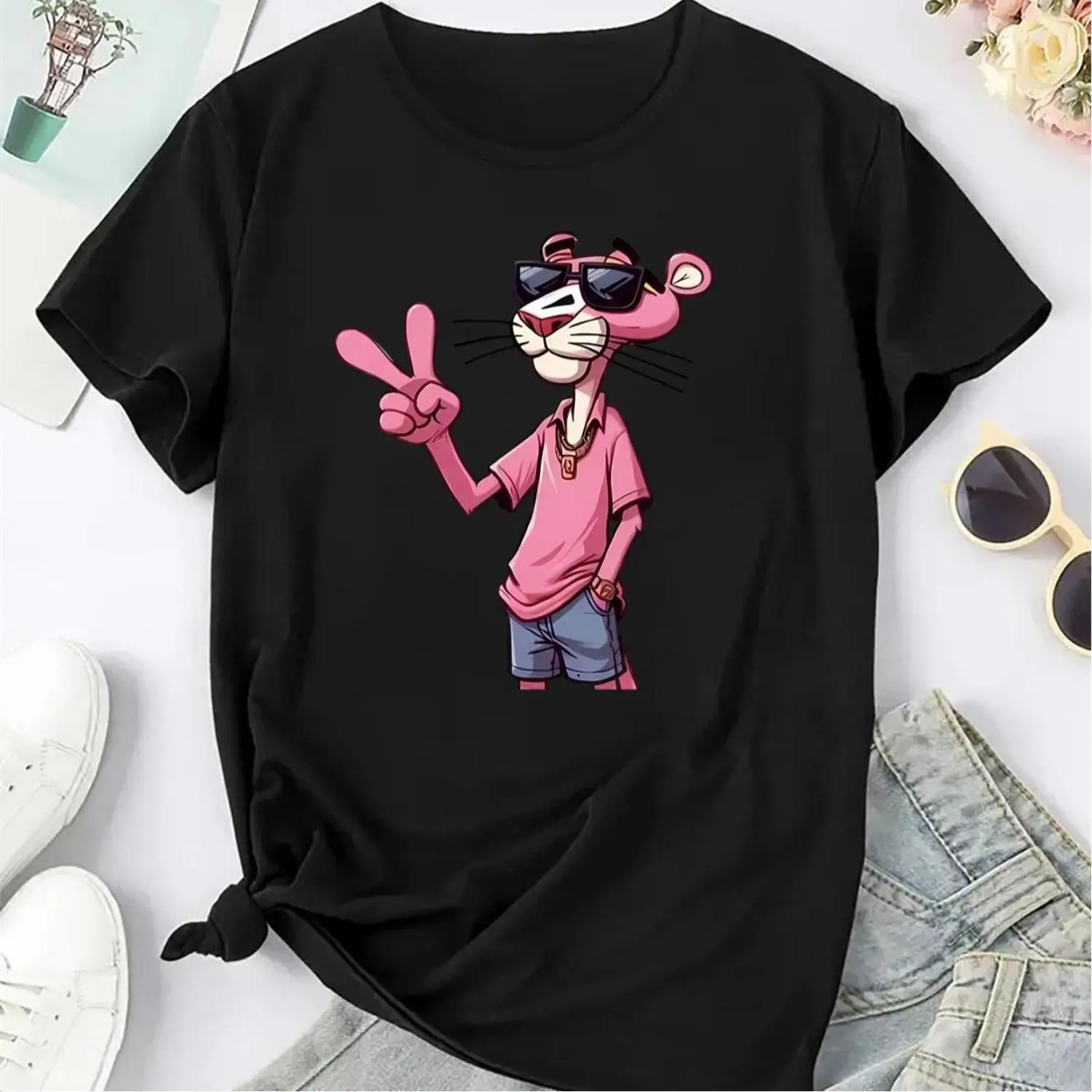 oein Summer T Shirt Casual cartoon T-shirt for women - pink panther print polyester blend knitted round neck T-shirt - all-season sports fashion top