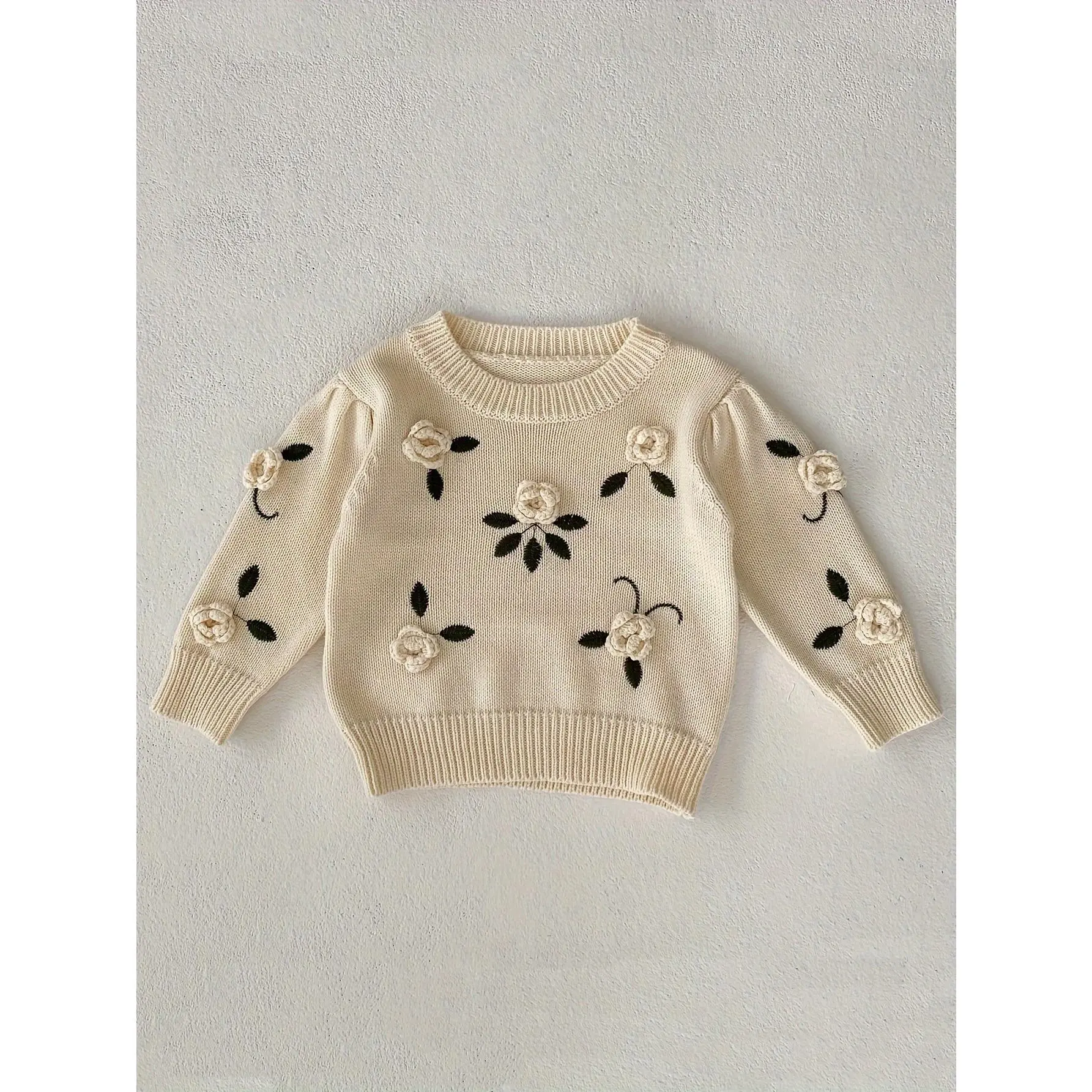 Baby Girls' Floral Knit Sweater, Pure Cotton Pullover with Handmade Embroidery, Long Sleeve Crew Neck for Ages 0-3 Years, Pure Cotton Clothing, Long Sleeve Sweater, Full Length Sleeves