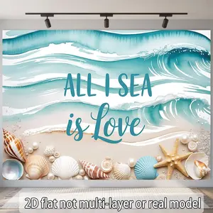 2D Flat Banner Polyester Photography Backdrop, HD Digitally Printed Ocean Beach Seashells Theme Background Cloth with "ALL I SEA is Love" Quote, Soft Lightweight Foldable Photo Background for Wedding Party Birthday Photos, Video S