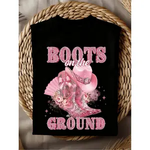 Western Cowboy T-Shirt for Women Featuring Rhinestone Boots and Pink Print Solid Short Sleeve Round Neck Top Perfect for Country Events Rodeos and Casual Summer Wear