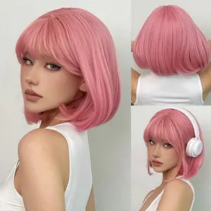 No Glue Synthetic Wig Misty Light Pink Bob Pre-styled Adjustable Straps For Women Daily Wear
