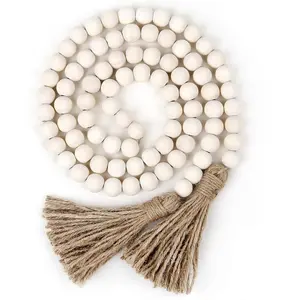 58in Wood Bead Garland with Tassels,Farmhouse Beads Rustic Country Decor Prayer Boho Beads Wall Hanging Decoration (Nature)