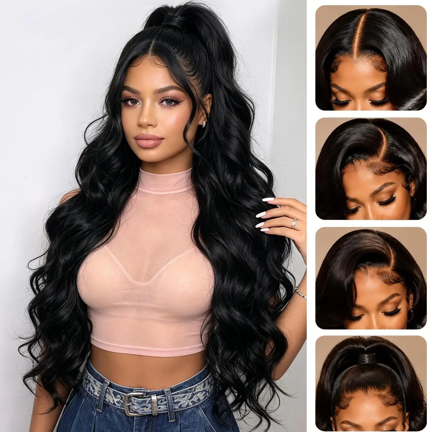 32 Inch Lace Front Middle Part Body Wave Wig,Breathable Net Black Wavy Hair Wigs