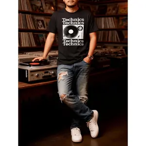 Men's Casual Versatile Crewneck T-Shirt, Vinyl Record Player Turntable Print Men's Top, Gift for Men
