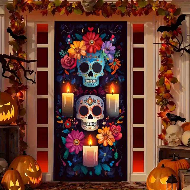 Neon,Nature,Bohemian,Sun,Extra Large Halloween Day of the Dead Polyester Tapestry - Sturdy, Durable Banner with Hand-Peached Ornaments & Flowers, Double-Sided Double-Taped, Fade-Resistant, Hand-Washable Religious Art Wall Hanging Home Decor Gift for Colle