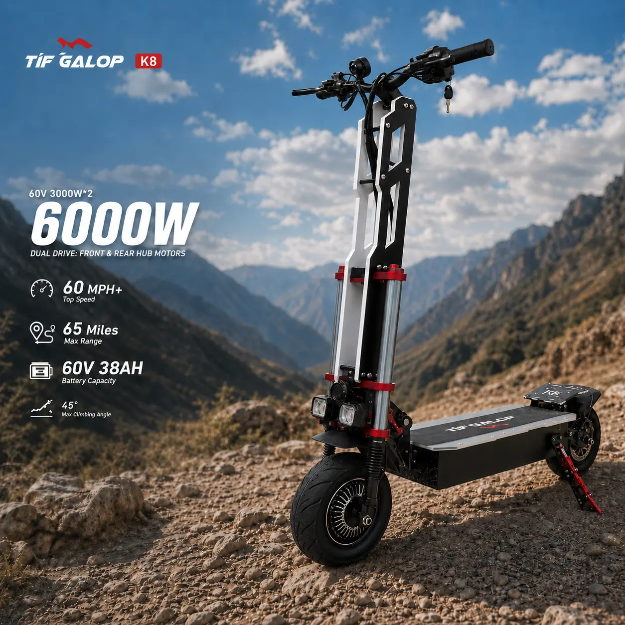 TIFGALOP K8 Adult Electric Scooter, 6000W Dual Motor, 60 MPH Off-Road, 70 Mi Range, 60V 38Ah Battery, 12" Tubeless Tires, Foldable, Dual Suspension, Hydraulic Brakes, 550 lb Capacity, 45° Hill Climb, UL 2272 Certified Sports & Outdoor Scooters Equipment