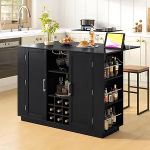 47.2" Kitchen Island with Drop Leaf & Power Outlet, Wine Bar Cabinet with Bottle Rack & Glass Holder, Coffee Bar, 2-Door sland Table Dining Room Buffet Sideboard with Side Shelves (Black)