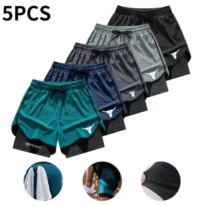 Men’s 5-Pack Double-Layer Athletic Sport Active Shorts - Breathable Quick-Dry Knee-Length Gym Wear, Loose Casual Summer Mensfashion Fitness Bottoms,summervibes