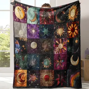 Star & Moon Pattern Flannel Throw Blanket, New Moon Design Soft Cozy Micro Fleece Air Conditioning Blanket, Stylish & Warm for Napping, Home, Office, Bedroom, Bedding & Travel, Perfect Easter & Mother's Day Gift