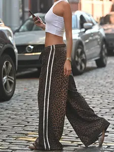 Women Leopard Print Wide Leg Pants High Waisted Loose Trousers Side Stripe Casual Streetwear Y2K Trendy Flowy Lightweight Comfortable Summer Lounge Pants Relaxed Fit Fashion Pants Brown