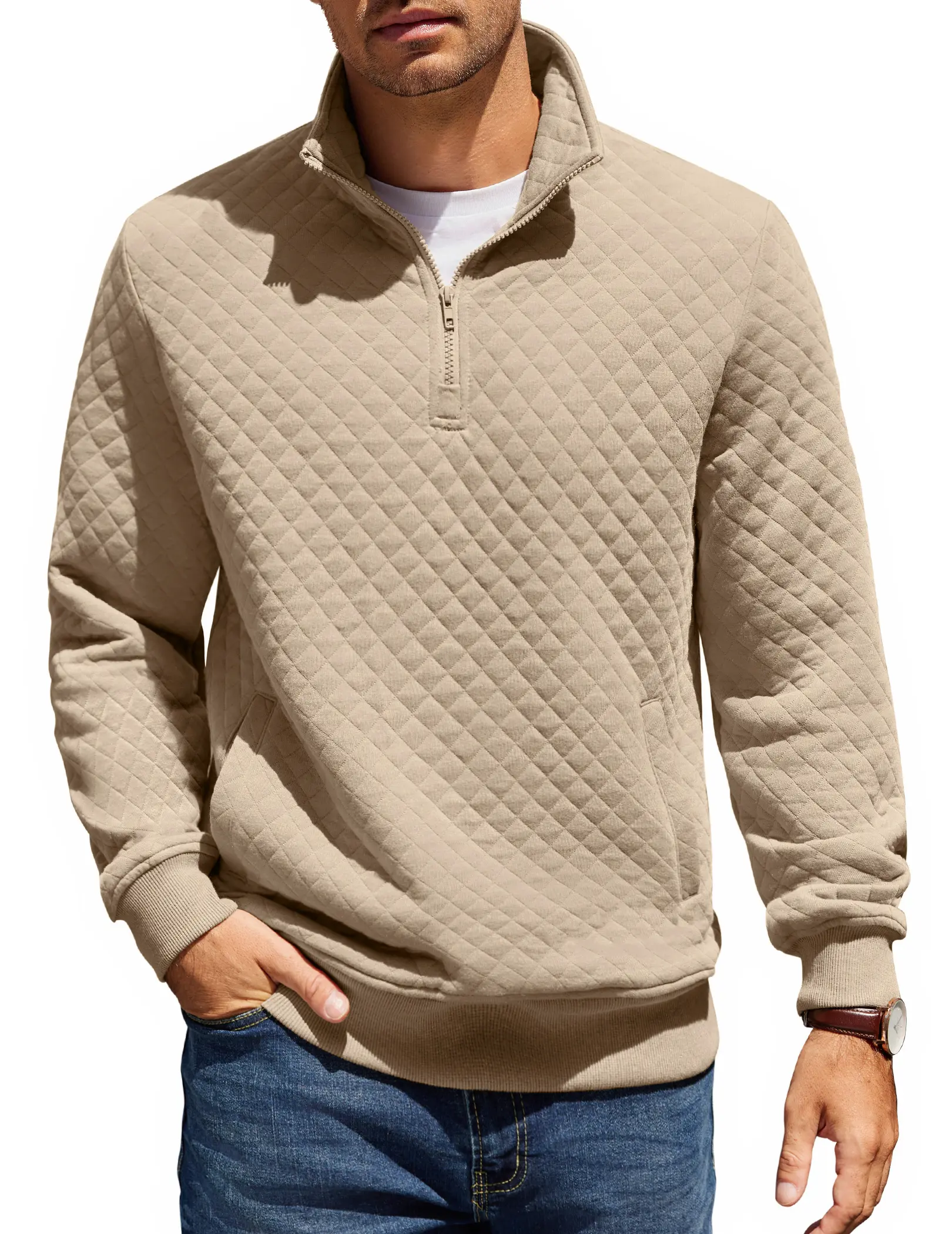 COOFANDY Men's Quarter-Zip Knitted Sweatshirt - Ribbed Mock Neck, Quilted Polyester Long-Sleeve Top with Kangaroo Pocket, Soft, Cold-Resistant, for Sports, Casual Use, Outdoors (Ideal for Yourself)