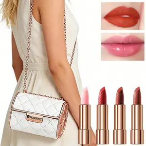 Hompar Chain Lipstick Case with Four Lipsticks, Crossbody Fashion Accessory, Makeup, Gift, Velvet Matte Finish, Long-Lasting, Perfect for Valentine's Day