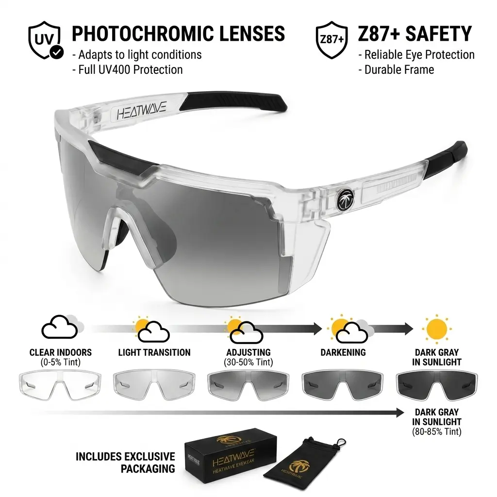 V400 Photochromic Sports Sunglasses for Men Women, ANSI Z87+ Certified Clear Frame Auto Tinting Cycling Glasses