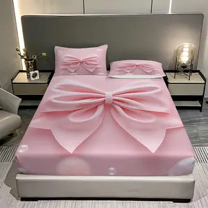 Valentine's Day Sweet Bow Bedding Set, 2D Bow Design, Includes 1 Fitted Sheet & 2 Pillowcases, No Pillow Inserts, Holiday Style