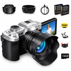 6K Vlogging Camera 84MP with 3 Inch Touchscreen 18X Optical Zoom Lens Hood 16GB Card 2 Batteries Wide Angle Lens for Daily Recording