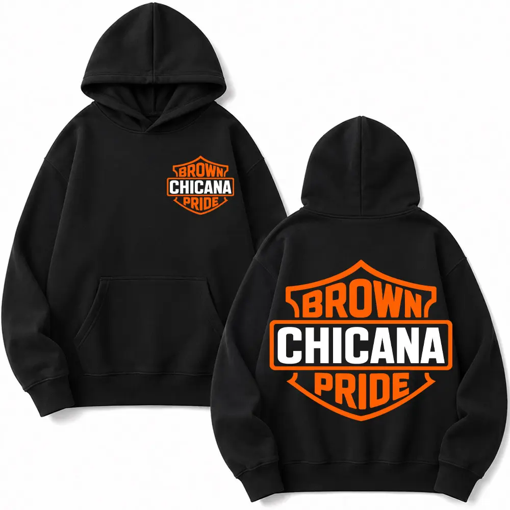 Chicana Brown Pride Orange Logo, Unisex Cotton Chicano Streetwear Graphic Tee & Crewneck Sweatshirt - Lowrider Chicana Art, Cholo Gangster Outfit, Soft Fabric Hoodie for Men