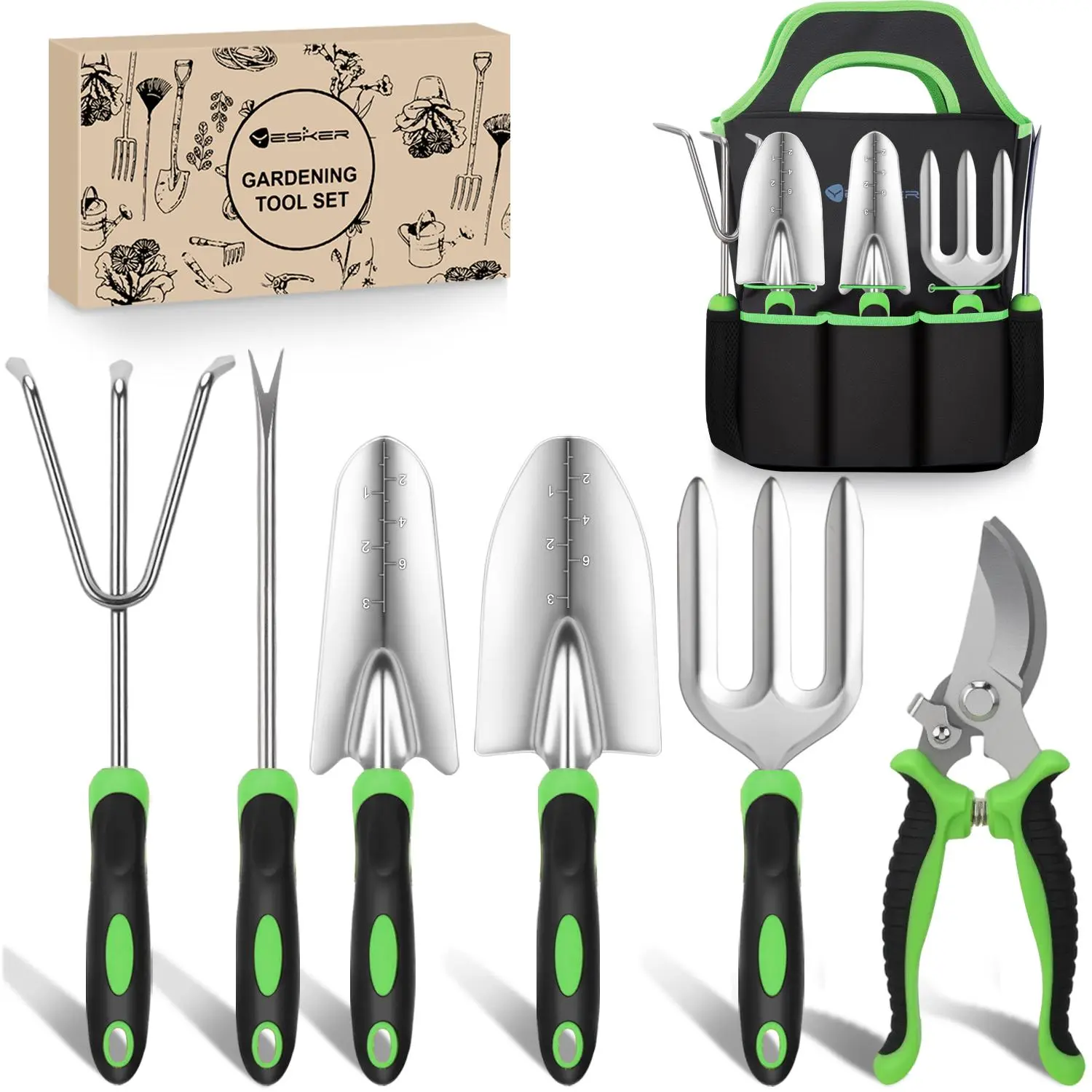 Nilight 7-Piece Heavy Duty Stainless Steel Handheld Gardening Tool Kits - Hand Cultivator, Trowel, Weeder, Pruning Shears, Non-Slip Ergonomic Handle, 600D Oxford Cloth Durable Black Green Garden Bag with 8 External Pockets - Women's Christmas Gifts