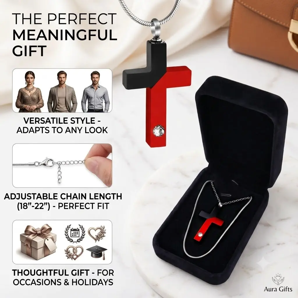 EIGIIS Stainless Steel Cremation Cross Urn Necklace for Ashes - 2-Tone Faith-Inspired Jewelry Set with Cable, Snake Chains, Waterproof Keepsake Gift for Men, Women