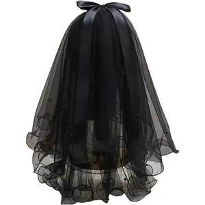Black Halloween Veils Bridal Veils for Women Wedding, Double-Layer Pearl Bowknot Wedding Veil, Bridal Shower Decorations Halloween Decors Bachelorette Party Favors Headband Accessories Photo Props