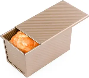 1/3 Pack Pullman Loaf Pan with Lid, 1.04lb Dough Capacity, Carbon Steel Corrugated, Non-Stick Sandwich Bread Loaf Pan with Lid