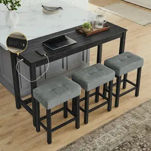 59" Bar Table Set with Power Outlet,Industrial Breakfast Table with 3 Upholstered Stools w/Footrest,4 Piece Counter Height Bar Table and Chair Set for Living Room,Dining Room,Kitchen,Black