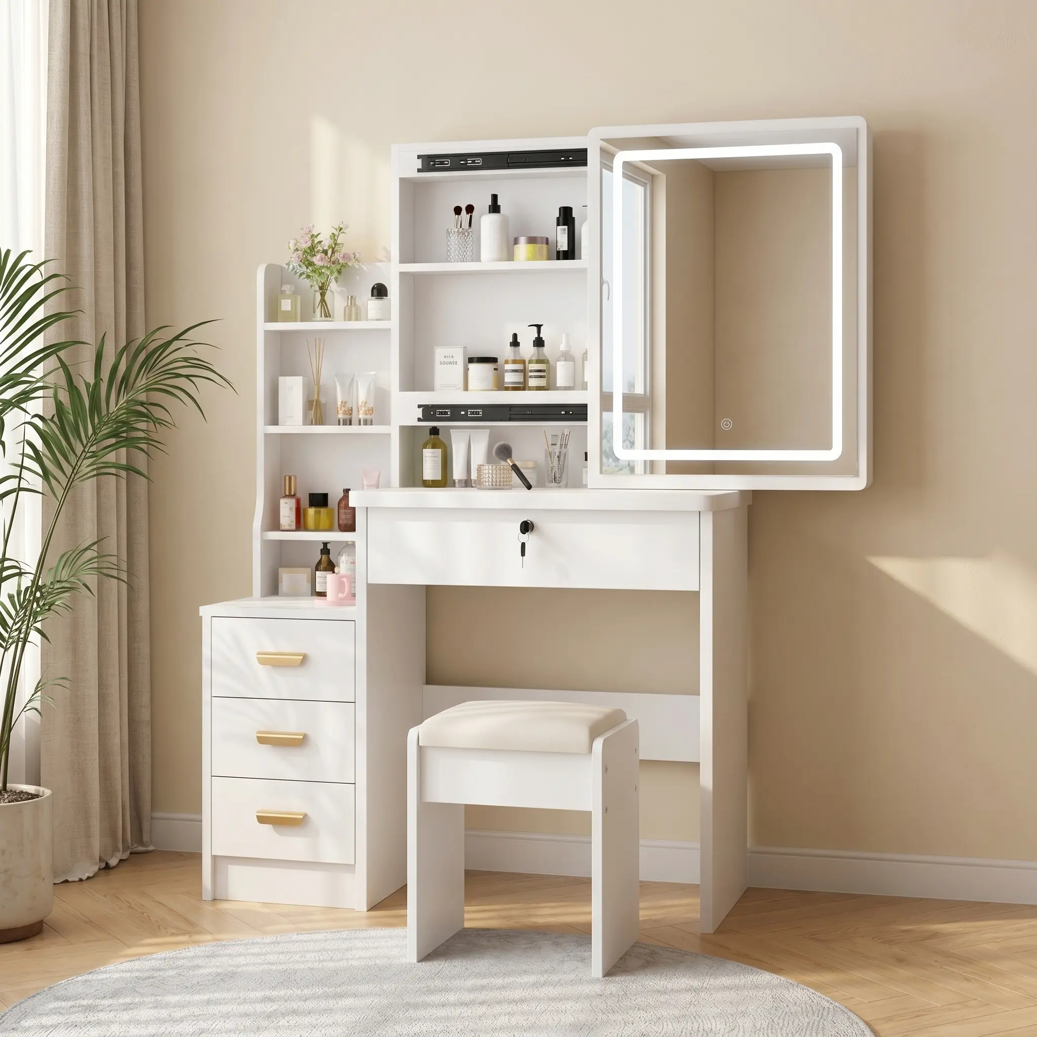 White Vanity Set with Sliding LED Mirror - 3-Color Adjustable Lights, 4 Drawers, Storage Shelves & Stool, Space-Saving Bedroom Indoor Furniture for Wife with Drawer Organization & Room Decor