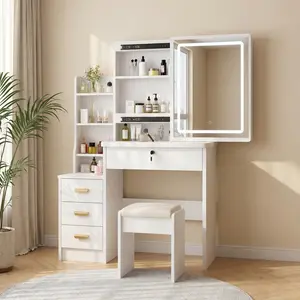Vanity Desk With Mirror and LED Lights, Makeup Vanity Desk With Sliding Mirror, 3 Color Adjustable Light, Dressing Table With 4 Drawers, Storage Shelves & Stool for Bedroom, White