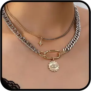 Gold Layered Necklaces For Women, 3PS Chunky Two Tone Necklace Silver Coin Pendant Paperclip Stacked Chain Trendy Statement Jewelry Gift