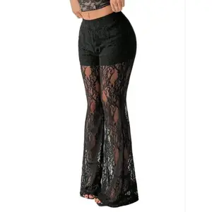 Women’s solid lace flare-leg pants — sexy, comfortable bell-bottom trousers for everyday wear; ladies’ bottoms for summer (gift); fashionable flared design