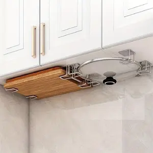 4pcs, Kitchen Storage Rack, Kitchen Utensils Holder, Punching-free Wall-mounted Pot Cover Rack, Under Cabinet Cutting Board Rack, Serving Board Rack, Multi-functional Storage Rack, Kitchen Accessories