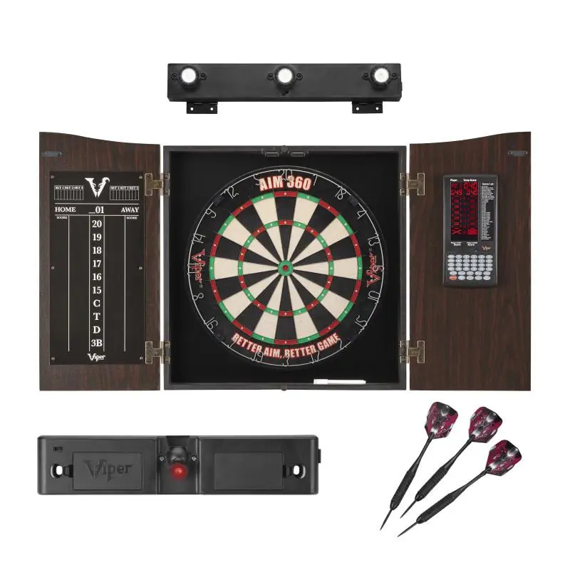 Deluxe Walnut Finish Wood Dartboard Cabinet Set - Classic Regulation Size, Quick Setup, Includes AIM 360 Sisal Darts Board, Electronic Pro Score, Laser Throw Line, Shadow Buster Light, Brass Darts Accessories for Game Rooms