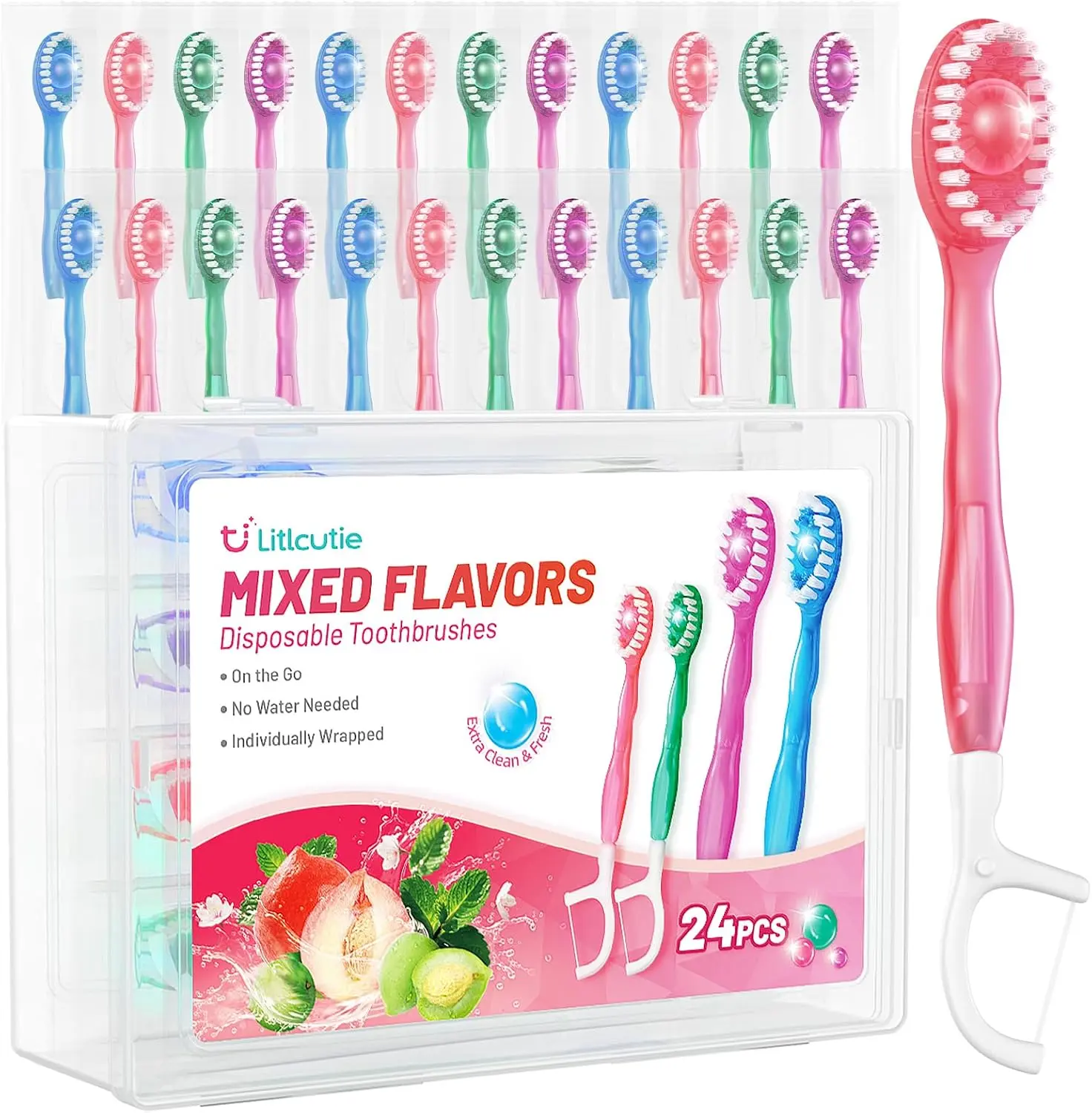 24-Pack 5-in-1 Compact Disposable Oral Care Kit, Travel Toothbrush with Dental Floss & Toothpaste, Cherry & Peach Mixed Flavors for Camping & Hiking