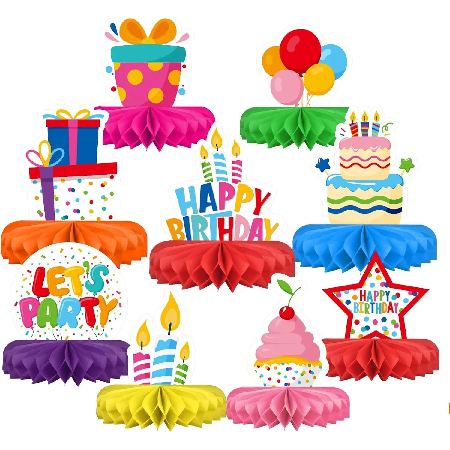 Rainbow Honeycomb Centerpiece Happy Birthday Decoration Kit - Lightweight, Colorful Tabletop Ornament, Star-Enhanced Stylish Table Decor, All-In-1 Kids Party Gift for Indoor Outdoor Celebrations