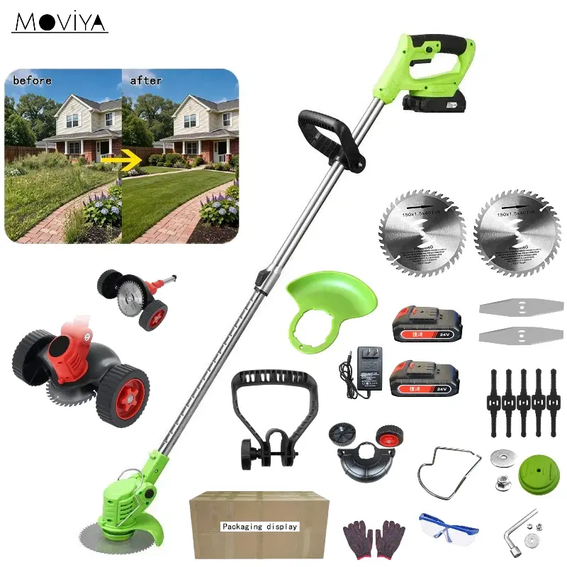 Cordless Grass Trimmer with Wheels, 2 Batteries, Adjustable Weed Trimmer & Lawn Edger with Multiple Cutting Blades