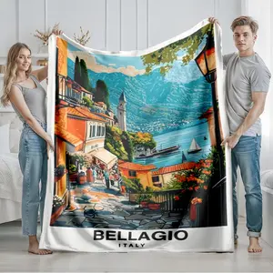1 piece Lakeside scenery of Bellagio, Italy themed flannel blanket - Modern-style all-season flannel blanket, suitable for sofas and beds, super soft and comfortable, digitally printed pattern, 100% polyester material, machine washable, suitable