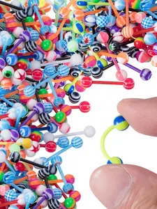 Flexible Tongue Rings Acrylic Multi Color, 10/30/60pcs Tongue Piercing Barbells, Random Colors & Geometric Patterns, Body Piercing Jewelry 14 Gauge