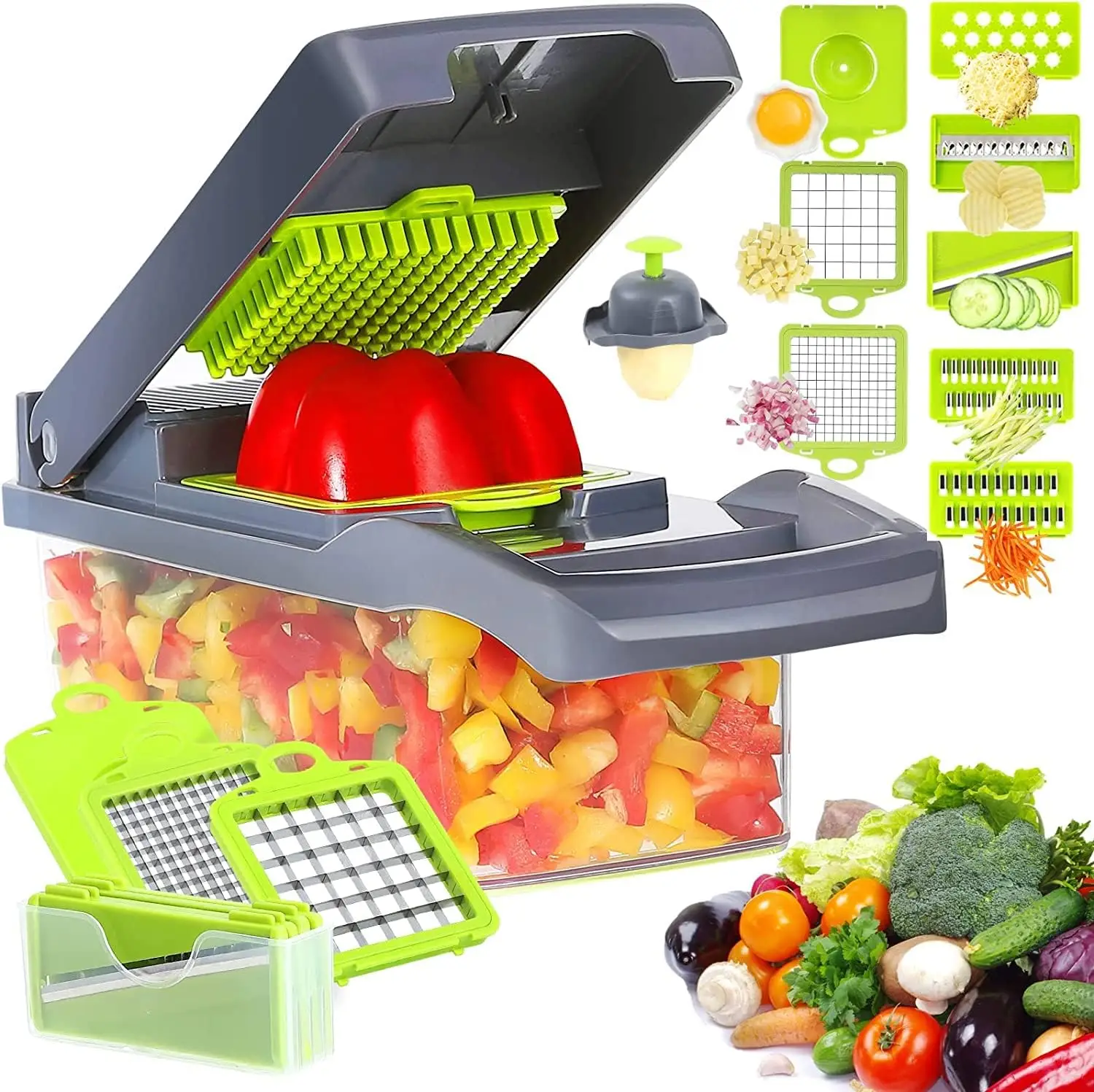 [New Deal] 12-in-1 Vegetable Chopper with Container – Multi Blade Onion Chopper, Slicer, Grater, Mandoline Cutter for Kitchen Utensils Multicolor