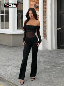 Women's Summer Mesh Patchwork Sheer One Shoulder Long Sleeve Jumpsuit, Sexy Slim-Fitting Plain Design, Perfect for Casual Wear